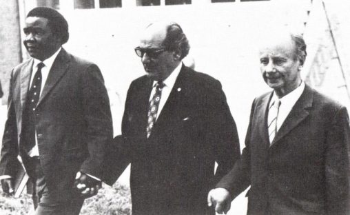 Hand of the Cause, Abu'l-Qásim Faizí walking with Enoch Olinga and Dr. Adelbert Mühlschlegel